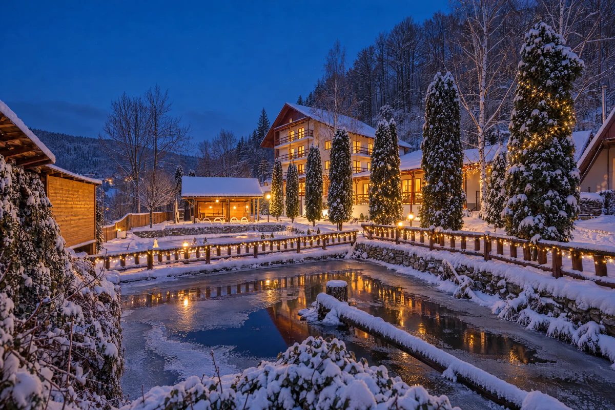Rare Forest Retreat iarna, sub zăpadă, cu luminițe, în Bran
