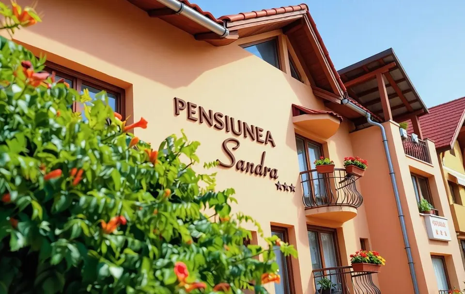 Pensiunea Sandra din Ocna Șugatag, clădire cu balcoane și flori la intrare