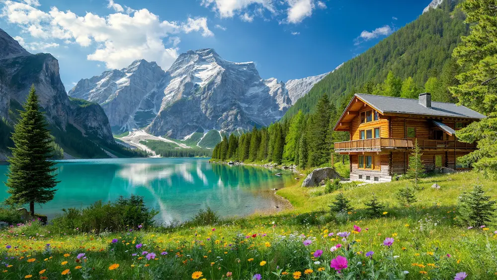 Cabană de lemn lângă un lac turcoaz de munte, în Carpați